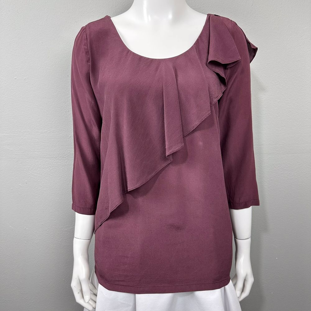 See by Chloe Silk Ruffle Blouse Size 2 Burgundy Asymmetric Romantic Artsy‎ FLAWS
